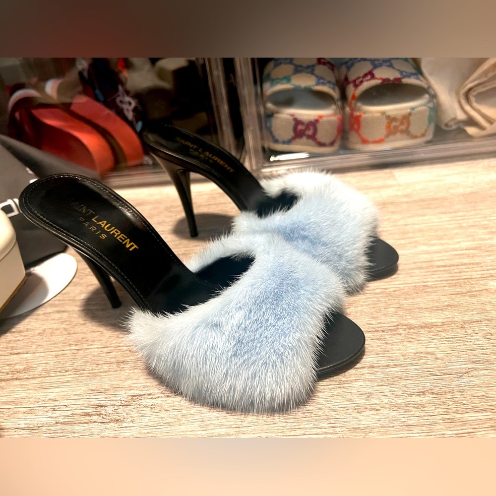 YSL LA 16 baby blue mink mules, Size 36.5
